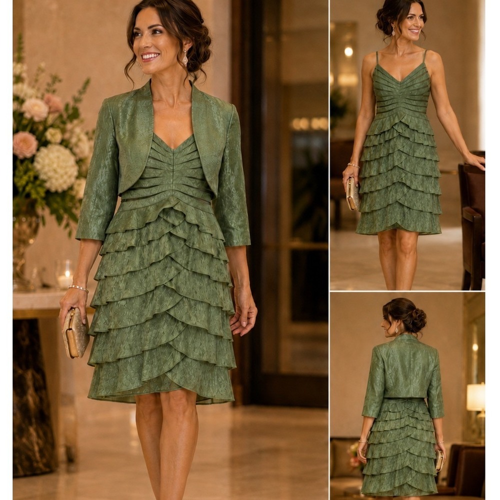 Adrianna Papell Occasions Olive Green Ruffle Dress and Bolero Jacket Set 14P